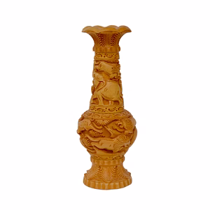 Hand-Carved Wooden Decorative Pot with Shikar
