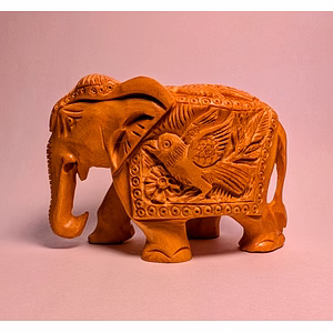 Handcarved Elephant Figurine with Bird Motif