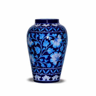 jaipur blue pottery handcrafted decorative flower vase - handi shape