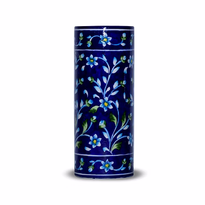 jaipur blue pottery handcrafted floral decorative vase - cylindrical shape
