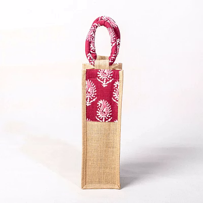 jute wine bag with printed fabric handle