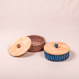handwoven basket with wooden lid