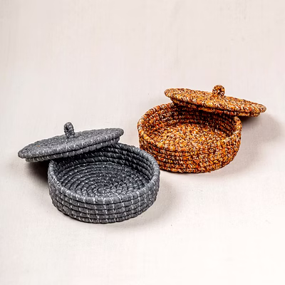 handwoven storage basket with fabric lid