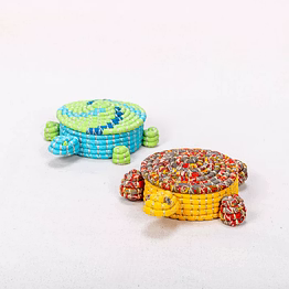 handwoven colorful turtle basket