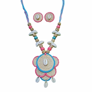 Handcrafted Banana Fibre Jewelry Set – Pastel Blue & Pink Shell Design