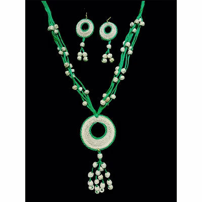 handcrafted banana fibre jewelry set – green thread layered design