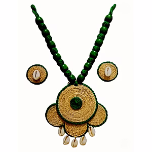 Handcrafted Banana Fibre Jewelry Set – Green & Natural Shell Design