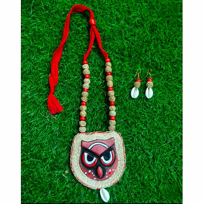 handcrafted banana fibre owl pendant jewelry set – red & natural