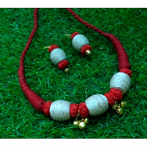 Handcrafted Banana Fibre Jewelry Set - Red & Blue Thread Design
