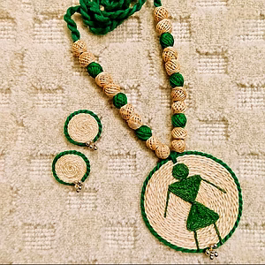 Handcrafted Banana Fibre Jewelry Set – White & Green Tribal Design