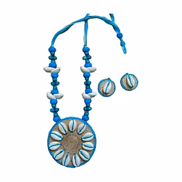 handcrafted banana fibre jewelry set with cowrie shells & blue beads