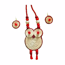 handcrafted banana fibre owl jewelry set – red & natural tones