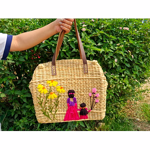 Handcrafted Kauna Grass Bag – Mother & Child Embroidery