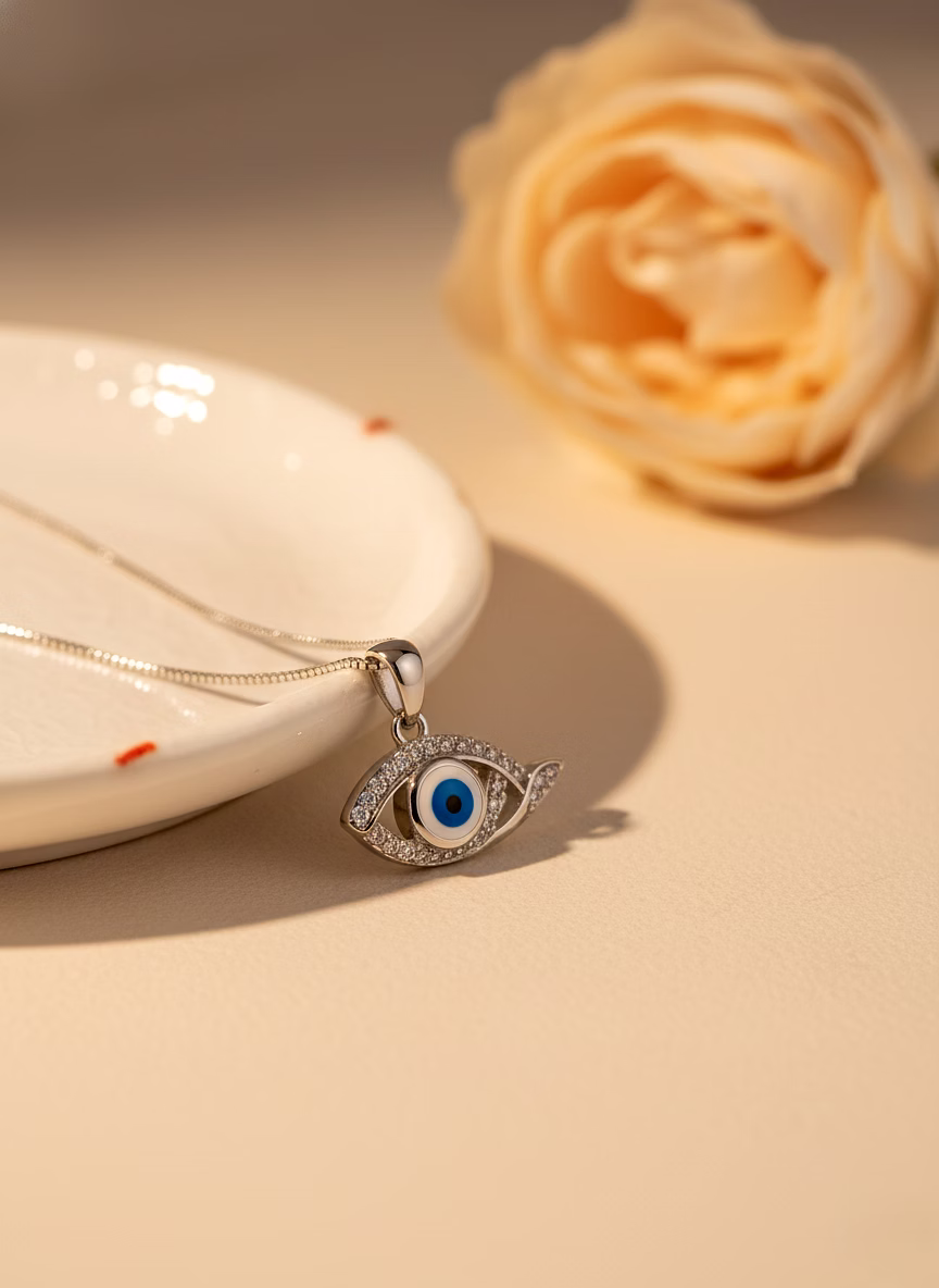 Silvara P19 925 Sterling Silver Evil Eye Pendant with Blue & White Stone Detailing | Minimal Protective Design | Pendant Only (Without Chain) image 1