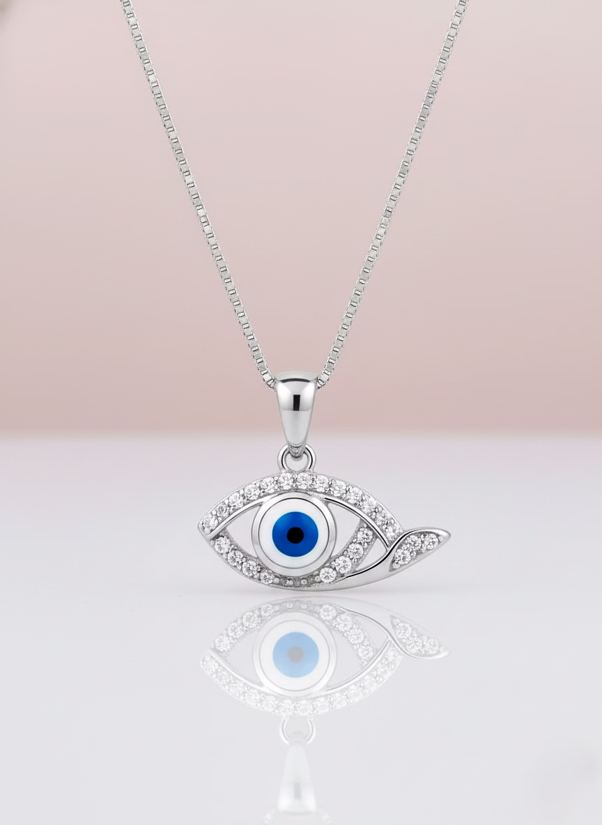 Silvara P19 925 Sterling Silver Evil Eye Pendant with Blue & White Stone Detailing | Minimal Protective Design | Pendant Only (Without Chain) image 2
