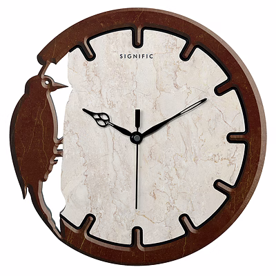 signific wooden wall clock 14 x 14 inches (35.5 cm) – premium mdf wood with marble texture print, bird cut designer wall clock 9022, silent quartz clock for home & office decor