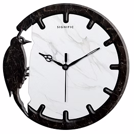 signific wooden wall clock 14 x 14 inches (35.5 cm) | premium mdf wood with dark marble print 9023 | designer bird cut silent wall clock for home, office & living room decor