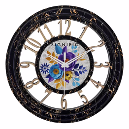 signific wooden wall clock 14 x 14 inches (35.5 cm) | premium mdf wood with black marble finish & floral printed dial 9051 | silent sweep designer wall clock for home & office