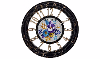 Signific Wooden Wall Clock 14 x 14 Inches (35.5 cm) | Premium MDF Wood with Black Marble Finish & Floral Printed Dial 9051 | Silent Sweep Designer Wall Clock for Home & Office