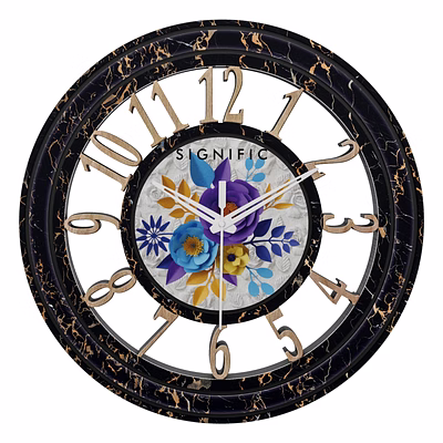 signific wooden wall clock 14 x 14 inches (35.5 cm) | premium mdf wood with black marble finish & floral printed dial 9051 | silent sweep designer wall clock for home & office