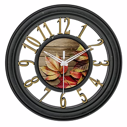 signific wooden wall clock 14 x 14 inches (35.5 cm) | premium mdf wood with autumn leaf printed dial & 3d golden numbers 9052 | silent sweep designer wall clock for home & office