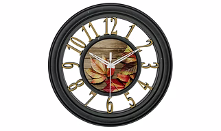 Signific Wooden Wall Clock 14 x 14 Inches (35.5 cm) | Premium MDF Wood with Autumn Leaf Printed Dial & 3D Golden Numbers 9052 | Silent Sweep Designer Wall Clock for Home & Office