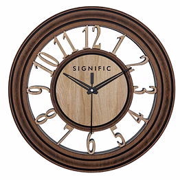 signific wooden wall clock 14 x 14 inches (35.5 cm) | premium mdf wood with natural wood printed dial & 3d cut numbers 9053 | silent sweep vintage designer wall clock for home & office