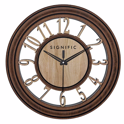 signific wooden wall clock 14 x 14 inches (35.5 cm) | premium mdf wood with natural wood printed dial & 3d cut numbers 9053 | silent sweep vintage designer wall clock for home & office