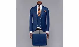 Men’s Classic Navy Blue 3-Piece Slim Fit Suit with Double-Breasted Waistcoat