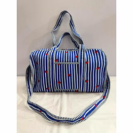 cotton quilted duffle bag | blue strips with red hearts print