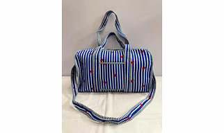 Cotton Quilted Duffle Bag | Blue strips with red hearts print