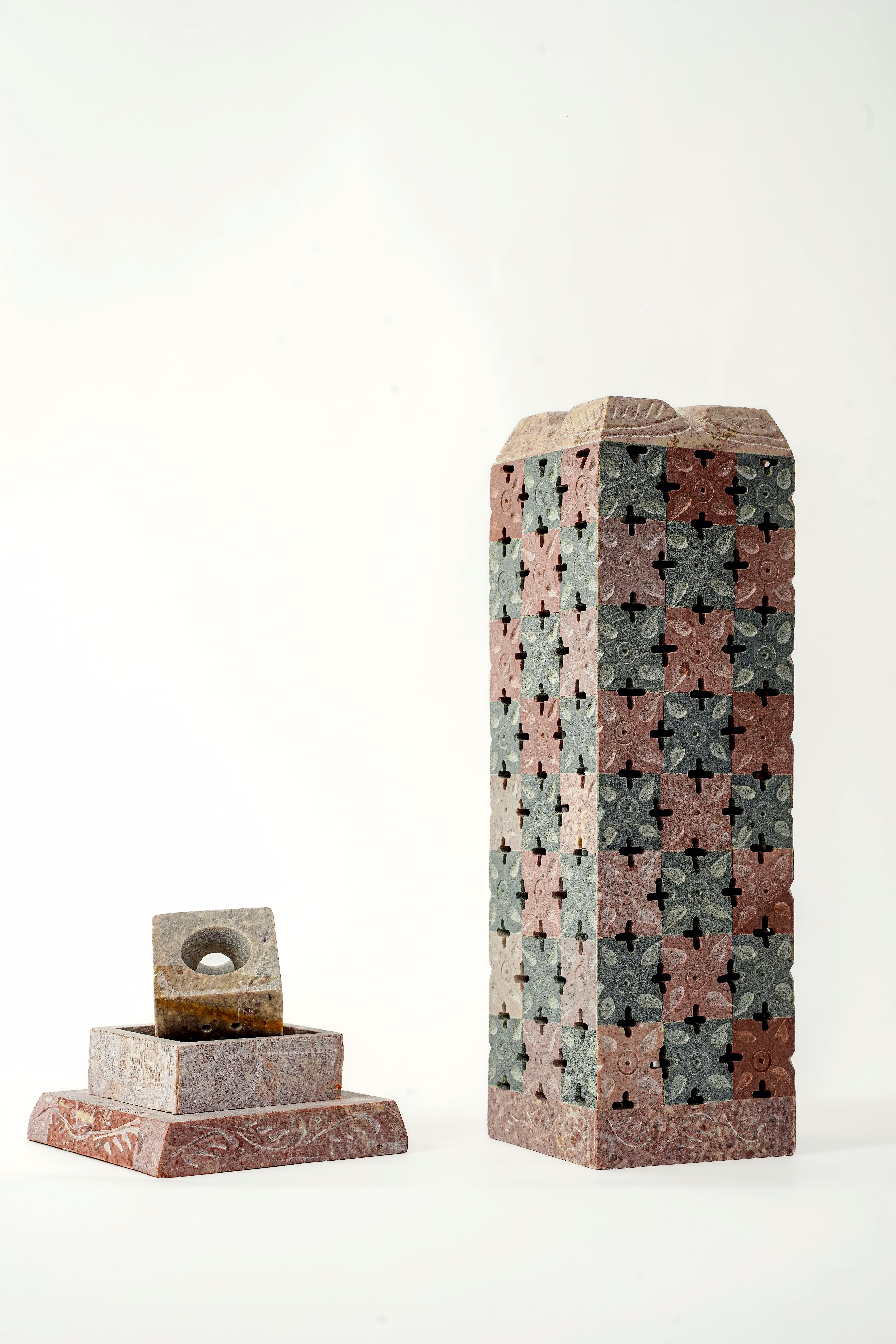 handcrafted stone lantern tower with cross pattern stick & candle holder | decorative tea light and incense stick holder | multi-color carved design | indoor home décor