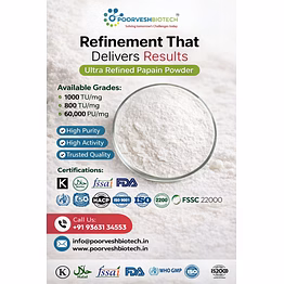efinement that delivers results ultra refined papain powder available grades: 1000 tu/mg 800 tu/mg 60,000 pu/mg ✅ high purity ✅ high activity ✅ trusted quality certifications: kosher | halal | fssai | fda | who gmp | haccp | iso 9001 | iso 22000 | fssc 22000 contact us: 📞 +91 93631 34553 📧 info@poorveshbiotech.in 🌐 www.poorveshbiotech.in