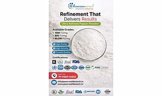efinement That Delivers Results Ultra Refined Papain Powder  Available Grades:  1000 TU/mg 800 TU/mg 60,000 PU/mg  ✅ High Purity ✅ High Activity ✅ Trusted Quality  Certifications: Kosher | Halal | FSSAI | FDA | WHO GMP | HACCP | ISO 9001 | ISO 22000 | FSSC 22000  Contact Us: 📞 +91 93631 34553 📧 info@poorveshbiotech.in 🌐 www.poorveshbiotech.in