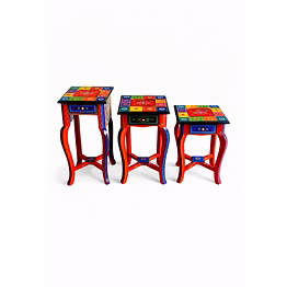 handcrafted wooden side table / stool set (painted handicraft furniture)