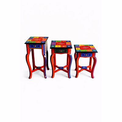 handcrafted wooden side table / stool set (painted handicraft furniture)