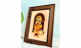 Ma Saraswati Wall Art – Handcrafted Indian Wooden Frame Décor