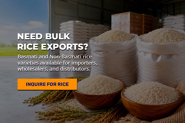 Indian rice export display featuring large white sacks of Basmati and Non-Basmati rice varieties, al