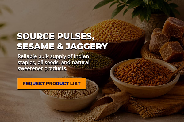 Array of Indian staples and natural sweeteners, including wooden bowls filled with various pulses, s