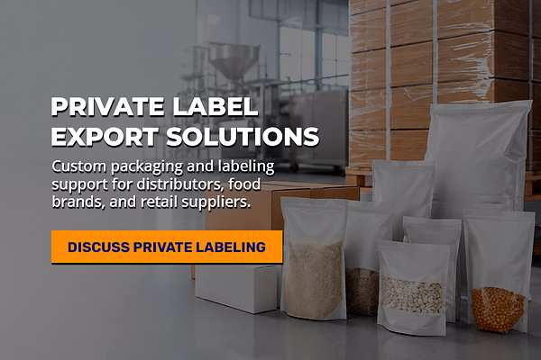 Private label packaging and labeling support showcase, featuring various sizes of stand-up pouches, 