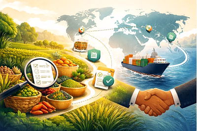 Professional hero image showing Indian agro export products prepared for international trade and shi