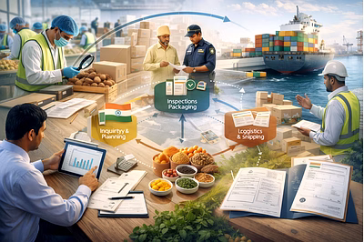 Professional hero image showing the agro export process from India with packaged agricultural goods