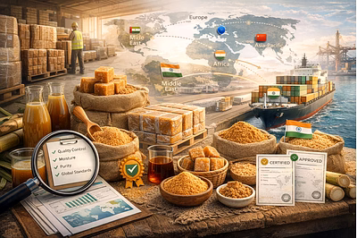 Professional hero image showing export-quality jaggery from India in multiple forms prepared for int
