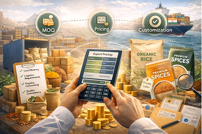 B2B agro trade discussion showing export products, packaging, and pricing considerations for interna