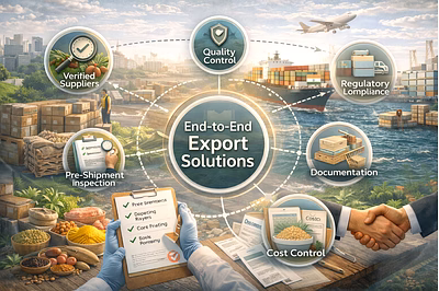 End-to-end export supply chain showing agro products prepared, inspected, and shipped for internatio