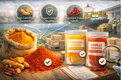 Export-grade turmeric powder and chilli powder from India prepared for international spice trade.