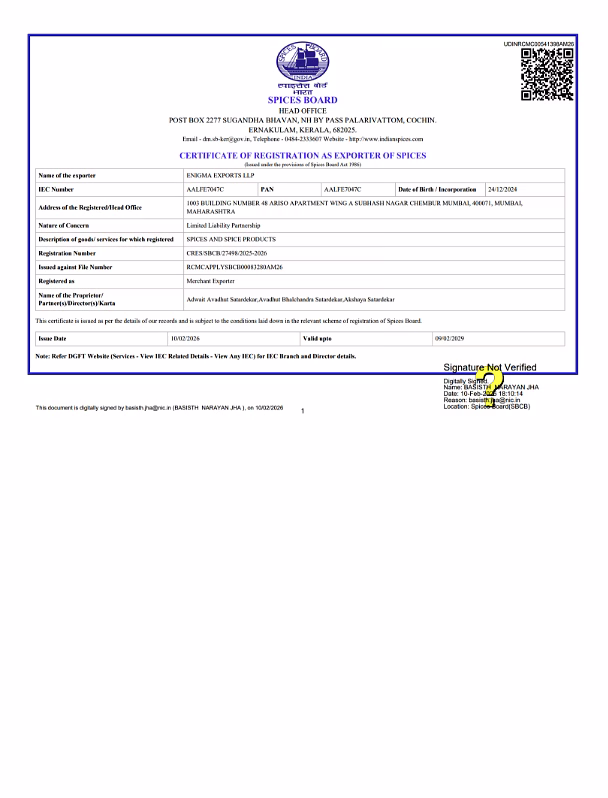 Spice Board Certificate