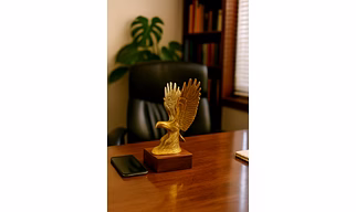ZAZ BROTHER HANDICRAFT FLYING EAGLE SHOWPIECE GOLDEN ALUMINIUM FENG SHUI BRID WITH WOODEN BASE DECORATIVE FOR HOME OFFICE DECOR SUCCESS SYMBOL ACHIEVEMENT TROPHY GIFT ITEM TABLE DECORATION