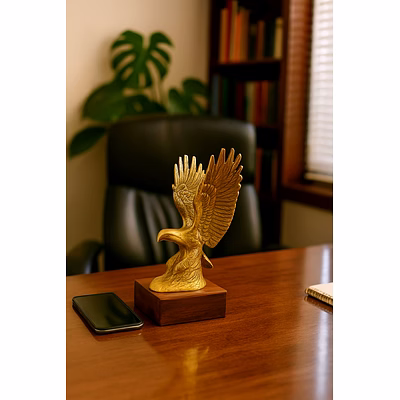 zaz brother handicraft flying eagle showpiece golden aluminium feng shui brid with wooden base decorative for home office decor success symbol achievement trophy gift item table decoration