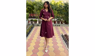 Wings In Wine Hand Embroidery Cotton Flax Dress